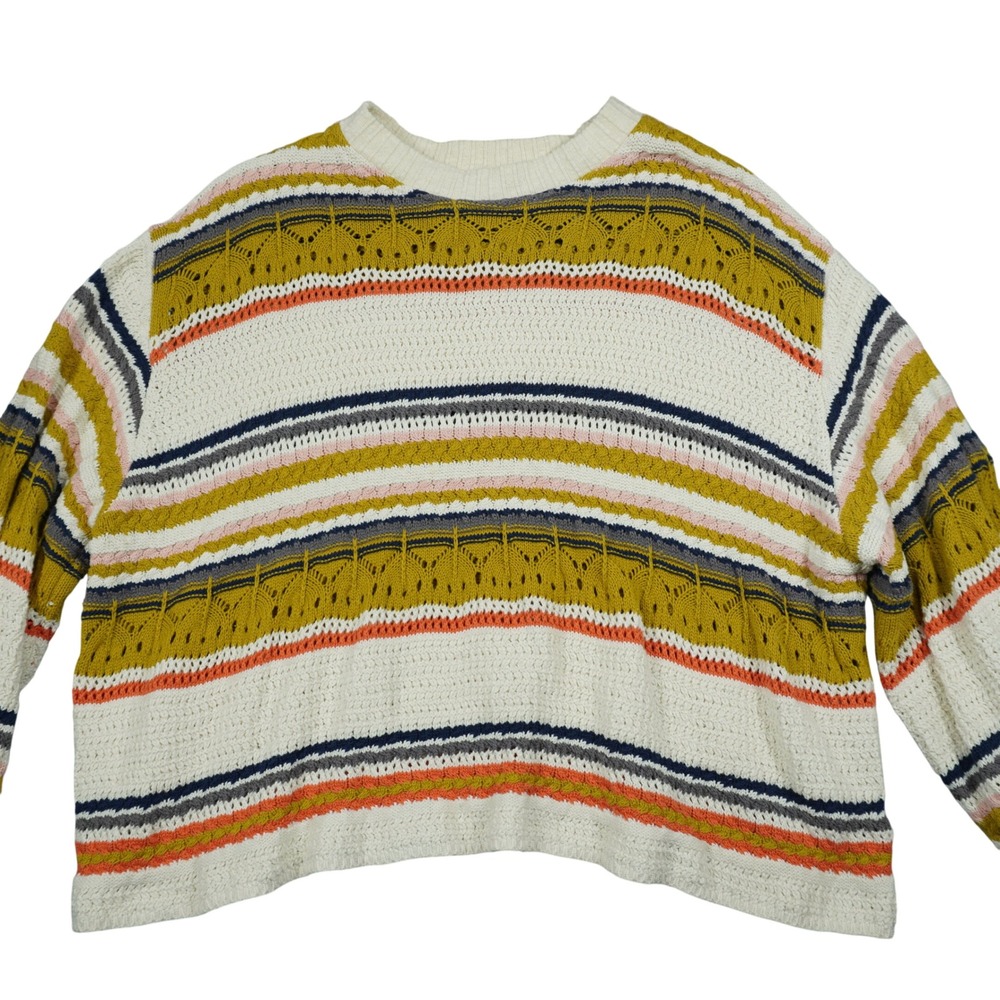 POL Striped Pointelle Knit Sweater Mustard Orange Cream Boho Retro Oversized‎